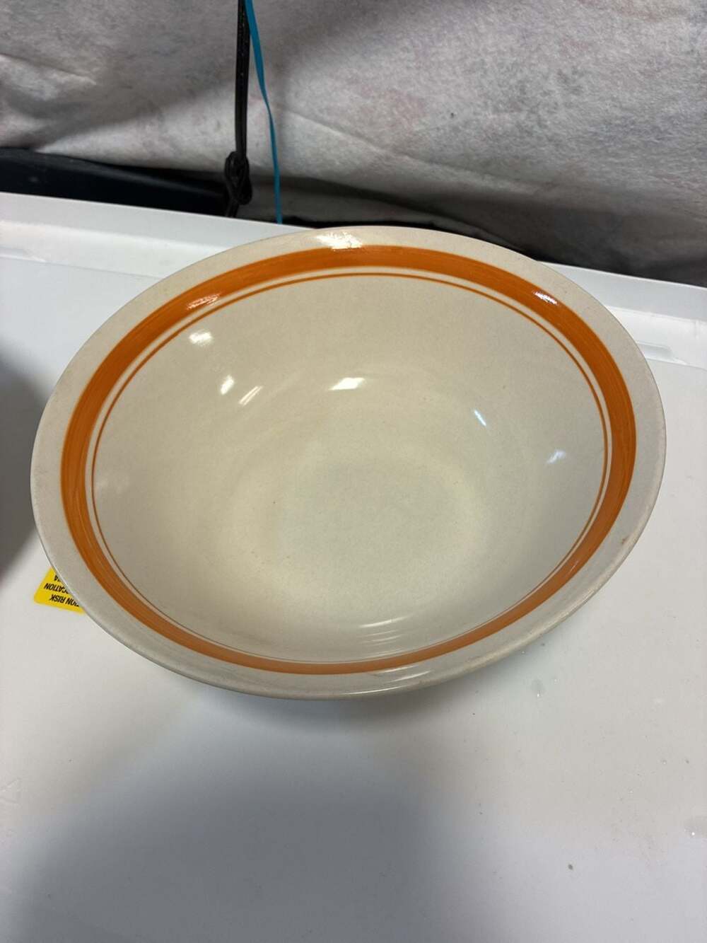 Vintage Beige Stoneware Serving Bowl with Orange Stripes